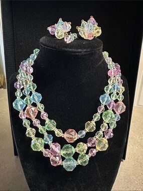 VTG Western Germany 3 Strand Pastel Aurora Borealis Bead Necklace Earrings As Is